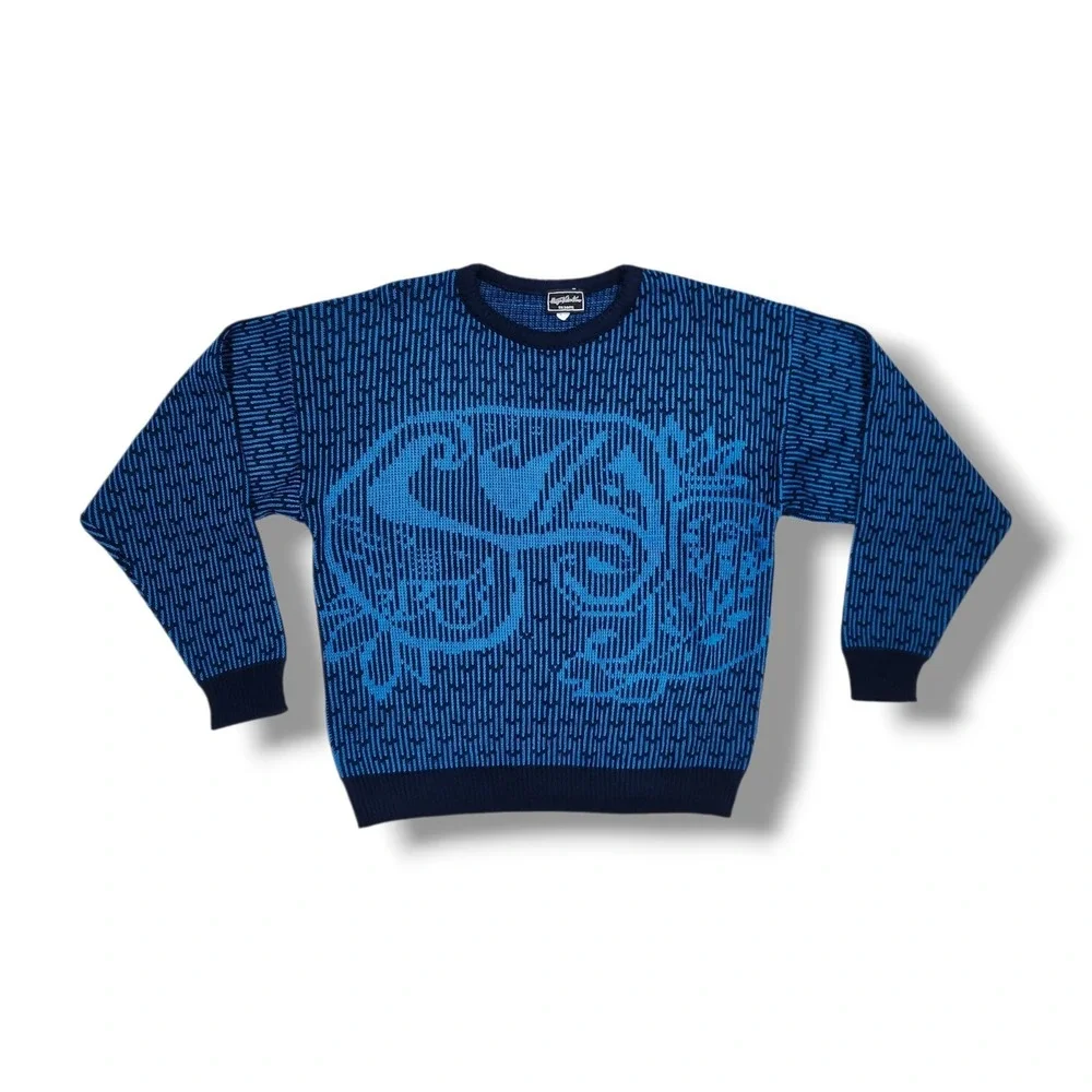 Vintage 90s Hugo Valentino Navy & Blue Knit Sweater Size‎ Medium USA Made